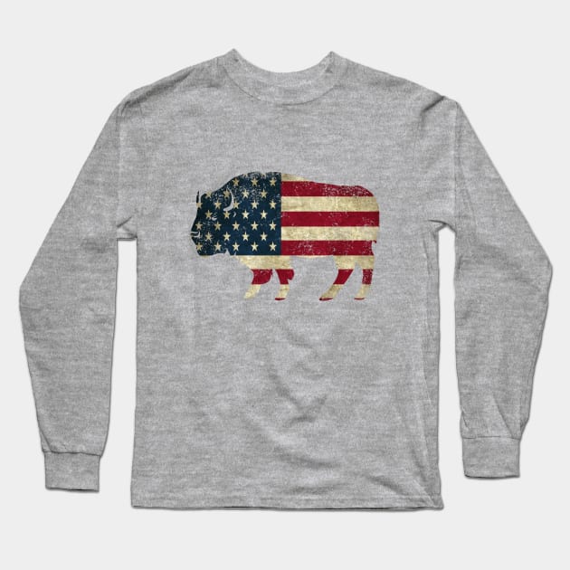 American Flag Bison Long Sleeve T-Shirt by KayBee Gift Shop